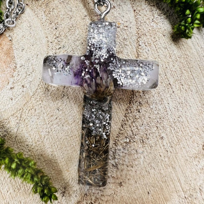Orgonite cross with thistle and crystal - protection, love