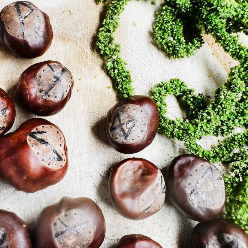 Ručně vypalovaná magická runová sada z velkých kaštanů