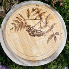 Round bamboo cutting board - Rowanberries - hand-burned