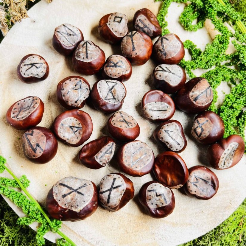 Ručně vypalovaná magická runová sada z kaštanů