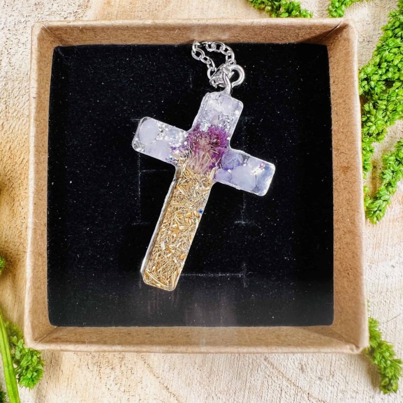 Orgonite cross with thistle and crystal - protection, love