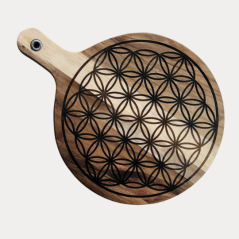 Kulaté akáciové prkénko s rukojetí - Květ života Kulaté akáciové prkénko s rukojetí - Květ života