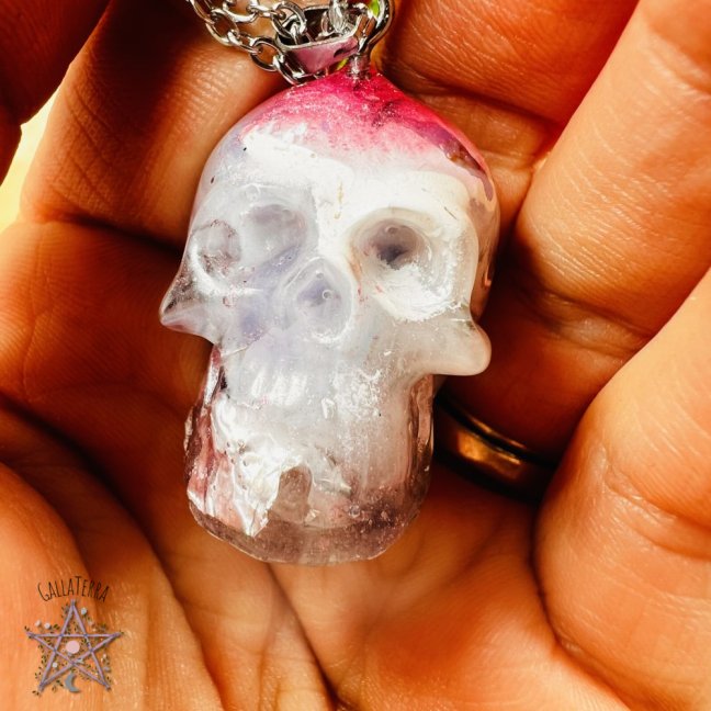 Orgonite skull / kunzite necklace - for love, self-love and emotional balance