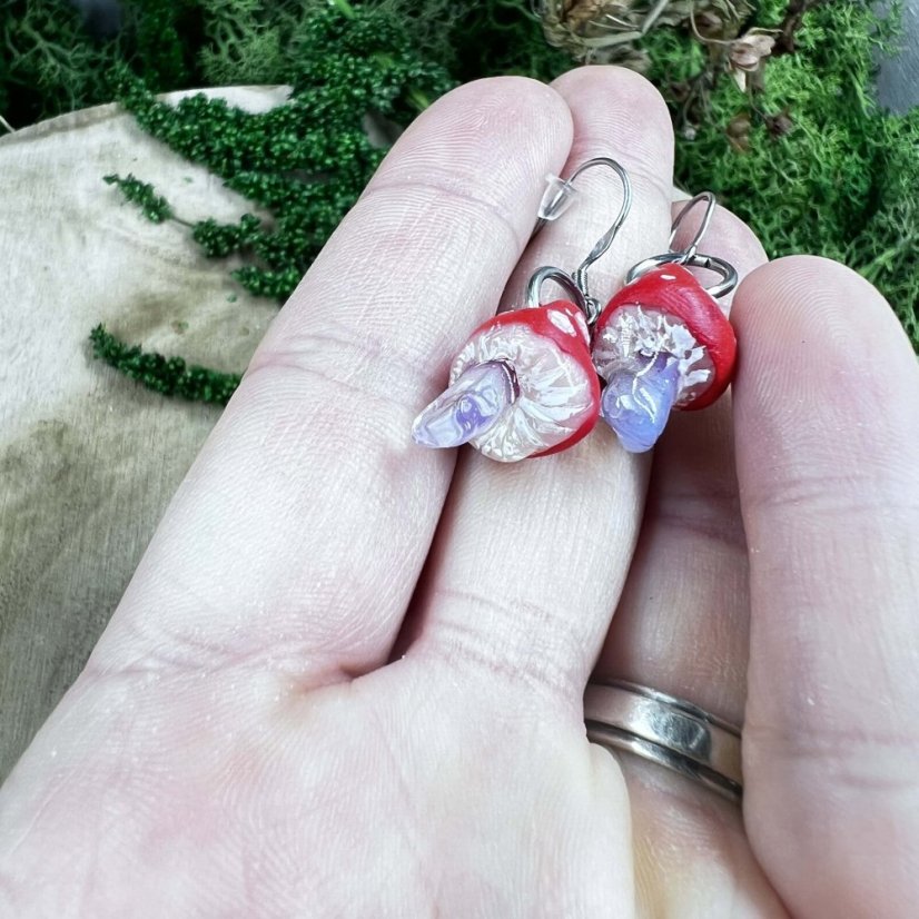 Designer wooden earrings - Toadstools with opals