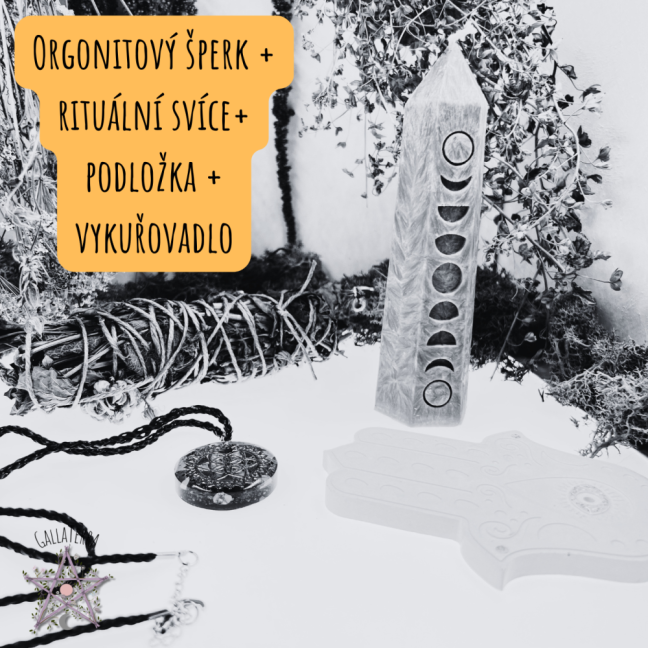 Orgonitový šperk + rituální svíce + podložka + vykuřovadlo