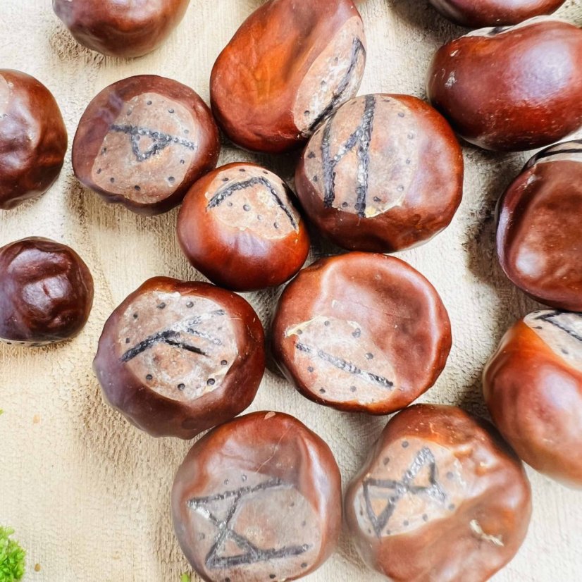 Ručně vypalovaná magická runová sada z kaštanů