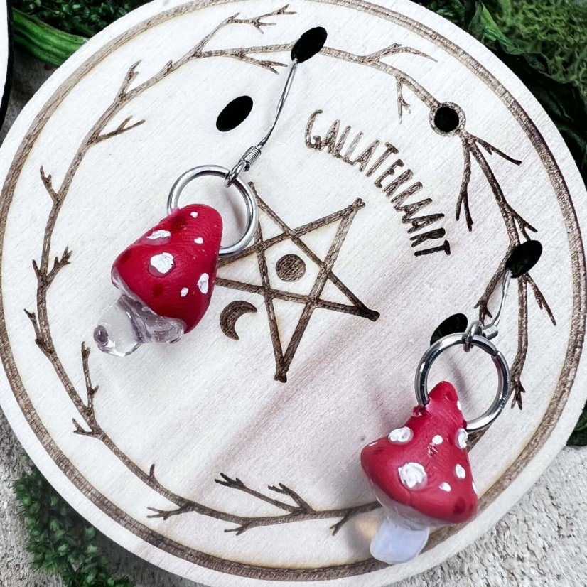 Designer wooden earrings - Toadstools with opals