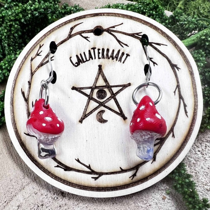 Designer wooden earrings - Toadstools with opals