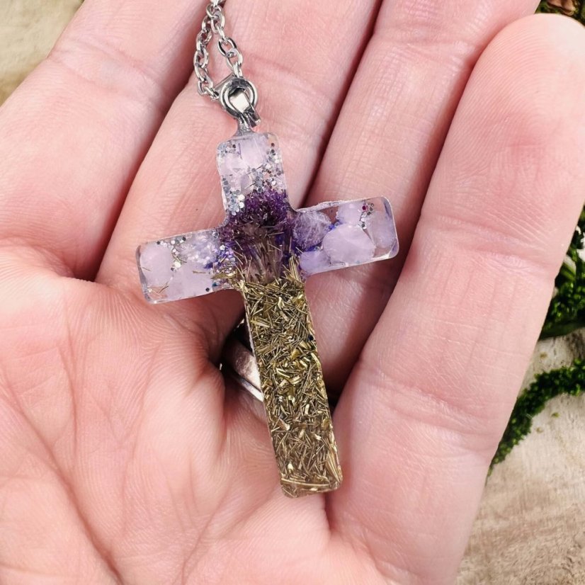Orgonite cross with thistle and crystal - protection, love