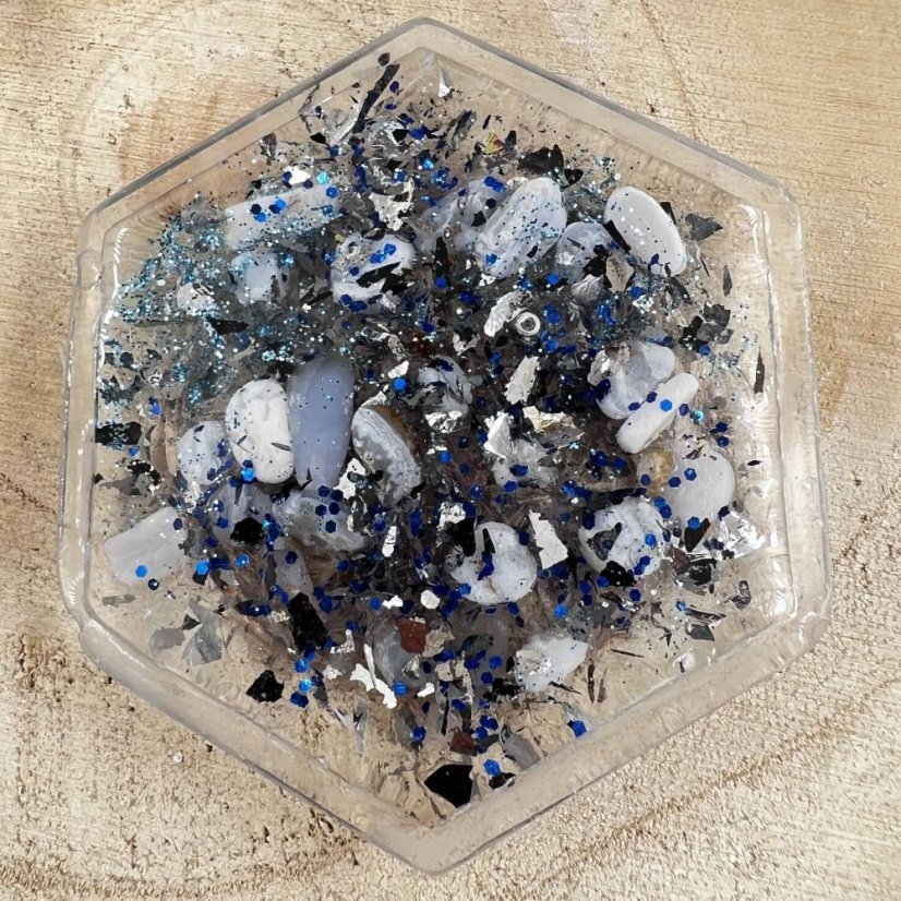 Orgonitová krabička se stříbrným květem života - pro nabíjení a očistu krystalů, špěrků ad.