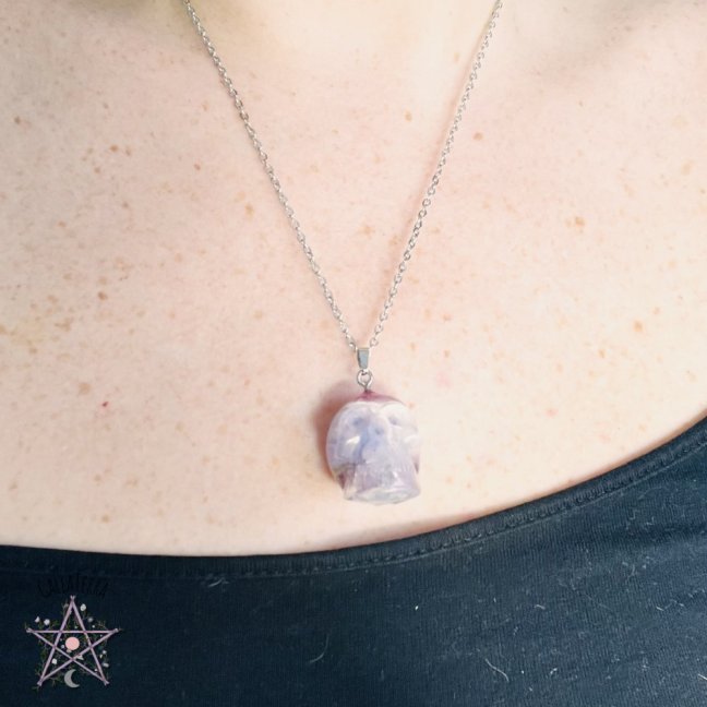 Orgonite skull / kunzite necklace - for love, self-love and emotional balance