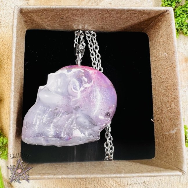 Orgonite skull / kunzite necklace - for love, self-love and emotional balance
