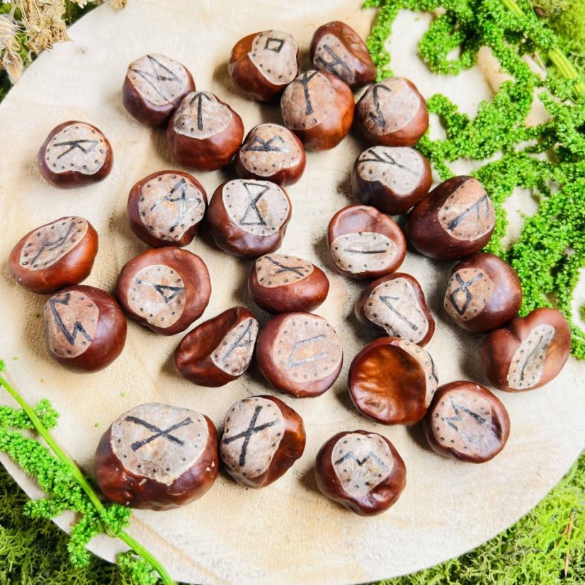 Ručně vypalovaná magická runová sada z velkých kaštanů