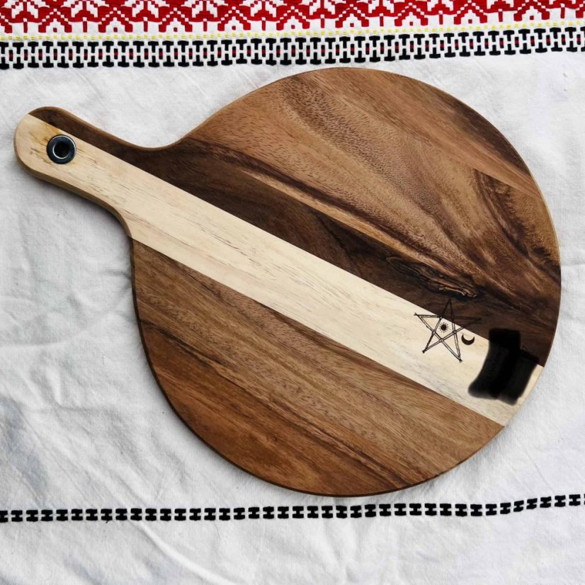 Kulaté akáciové prkénko s rukojetí - Květ života