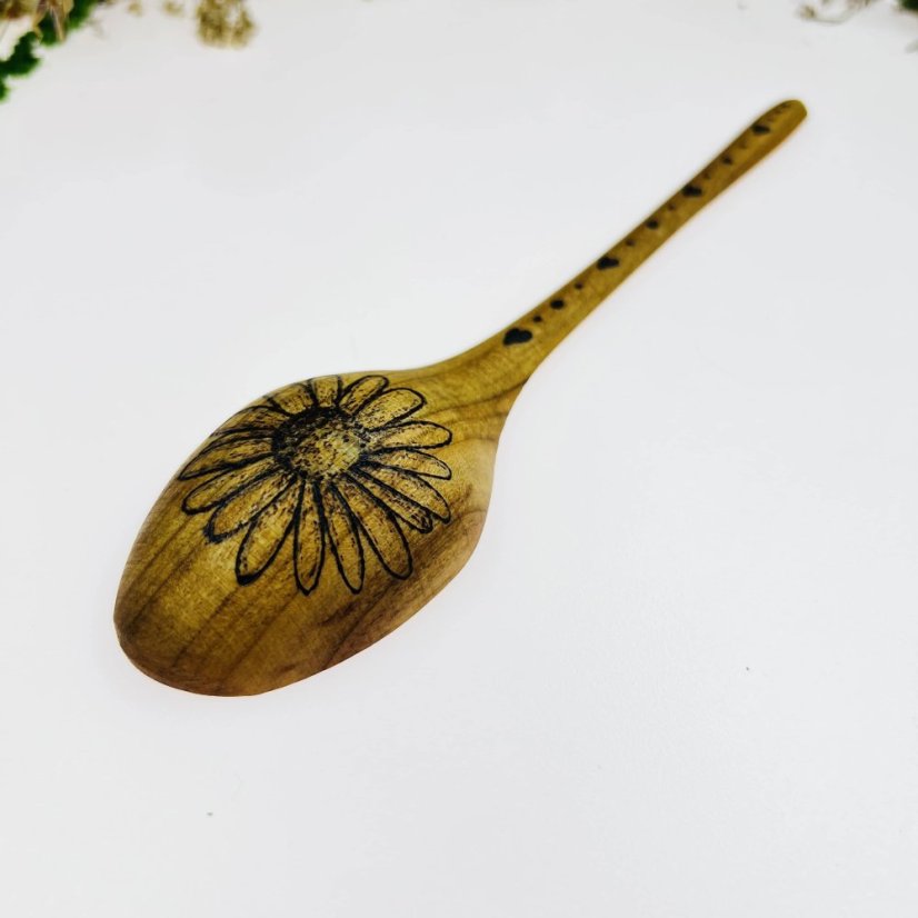 Dřevěná lžíce - heřmánek & srdce - velká
