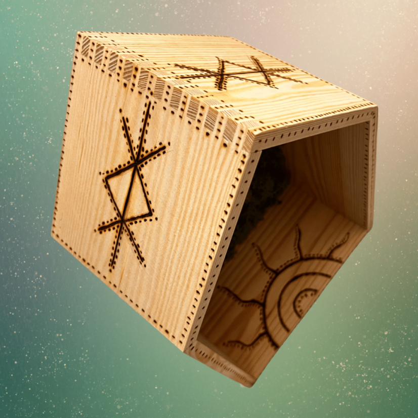 Magická polička – domeček se stabilizovaným mechem a magickými symboly - ručně vypalováno