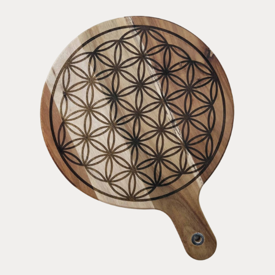 Kulaté akáciové prkénko s rukojetí - Květ života