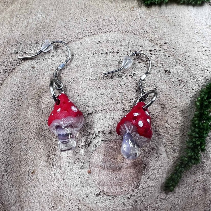 Designer wooden earrings - Toadstools with opals