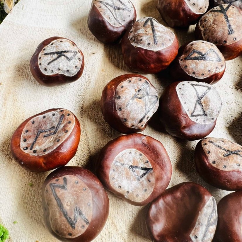 Ručně vypalovaná magická runová sada z velkých kaštanů