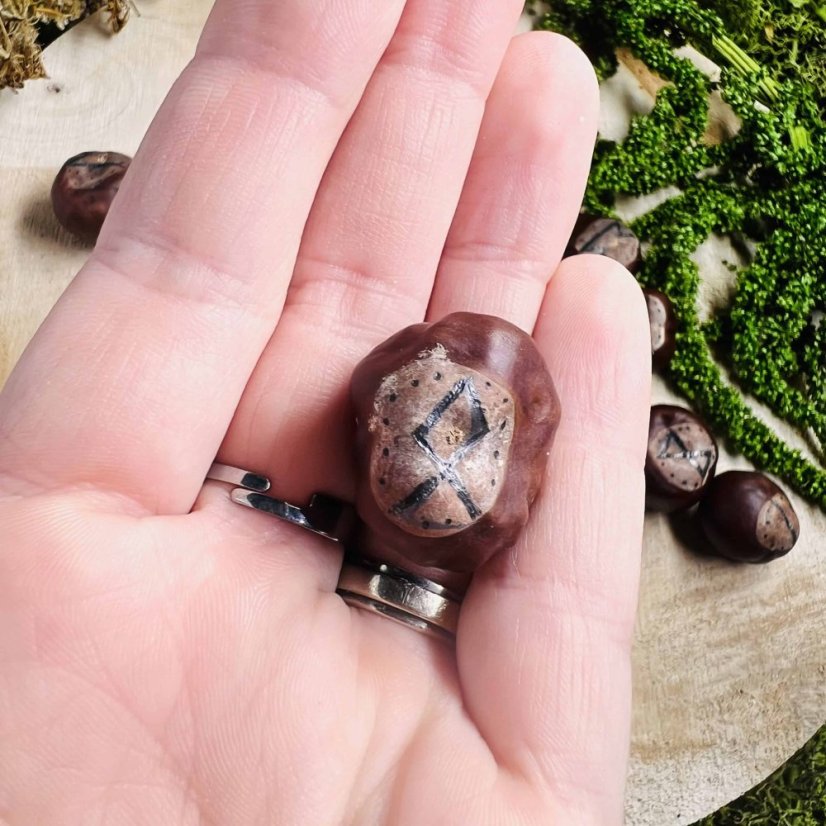 Ručně vypalovaná magická runová sada z velkých kaštanů