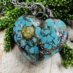 Orgonitové srdce s tyrkysem a pampeliškou - ochrana, radost a lehkost bytí