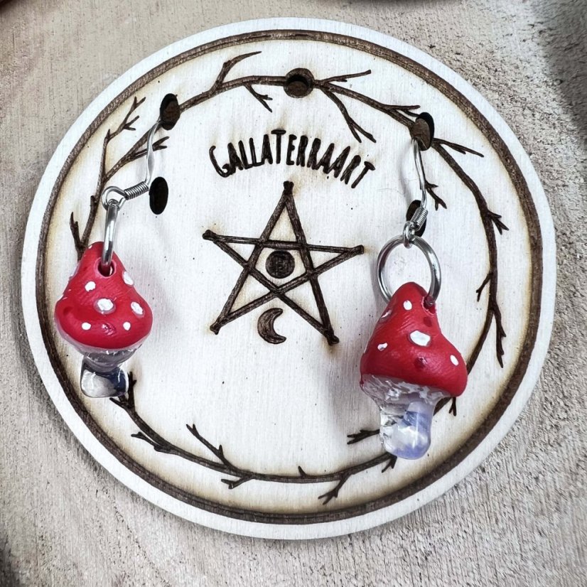 Designer wooden earrings - Toadstools with opals