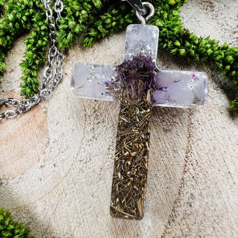 Orgonite cross with thistle and crystal - protection, love