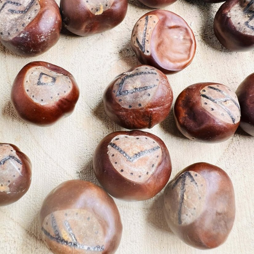 Ručně vypalovaná magická runová sada z velkých kaštanů