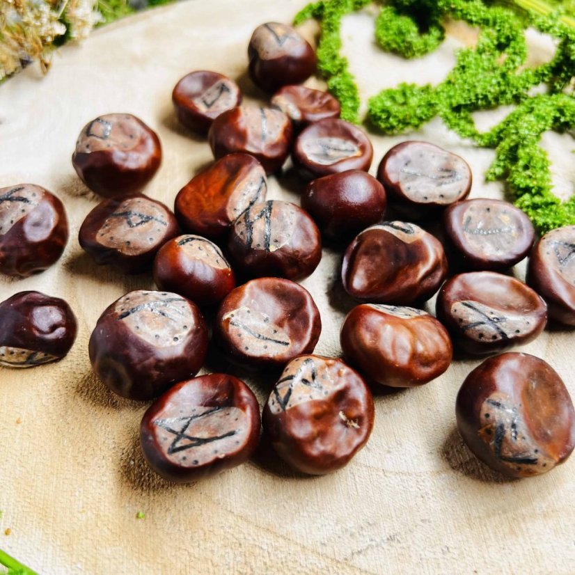 Ručně vypalovaná magická runová sada z kaštanů