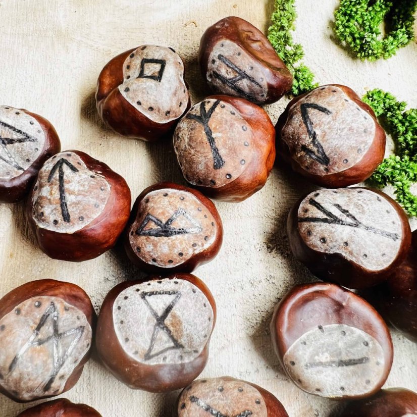 Ručně vypalovaná magická runová sada z velkých kaštanů